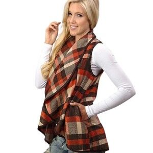 Favlux Fashions Cream Orange & Brown Plaid  Waterfall Vest - Womens Size M